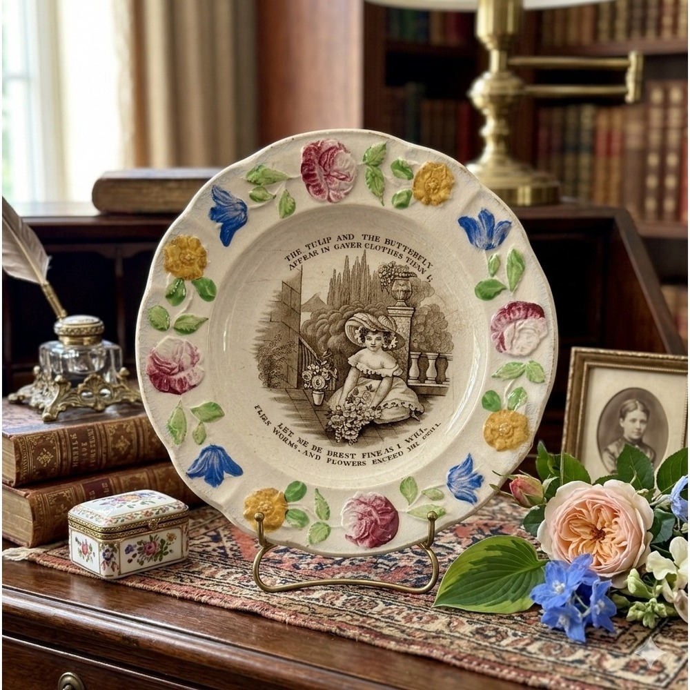 Antique Staffordshire 1830's Era Nursery Plate Issac Watt's Poem Early Victorian